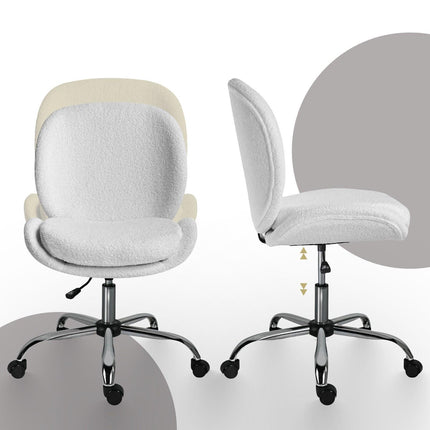 Office Desk Chair - Teddy Boucle Armless Swivel Study Seat OVOID WHITE.