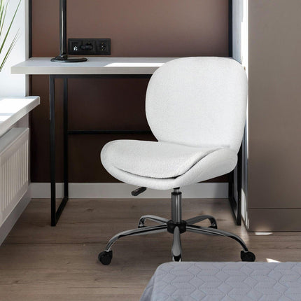 Office Desk Chair - Teddy Boucle Armless Swivel Study Seat OVOID WHITE.