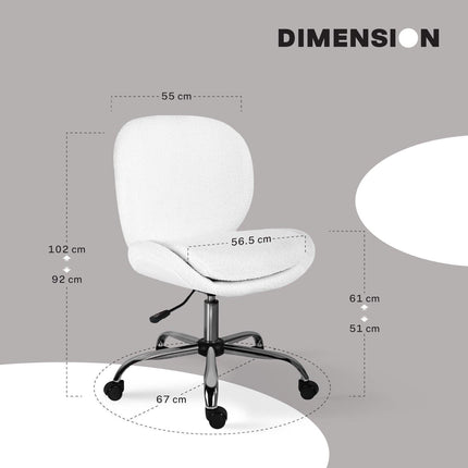 Office Desk Chair - Teddy Boucle Armless Swivel Study Seat OVOID WHITE.