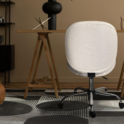 Office Desk Chair - Teddy Boucle Armless Swivel Study Seat OVOID WHITE.