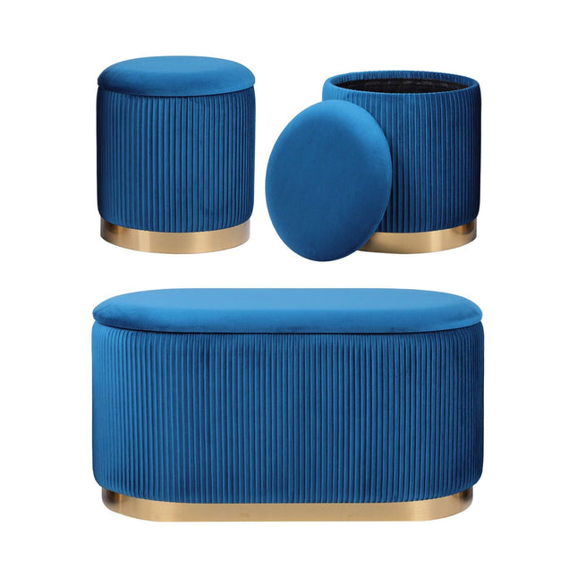 3 Piece Set Storage Ottoman - Blanket Box Velvet Padded Bench Stool FAYE BLUE.