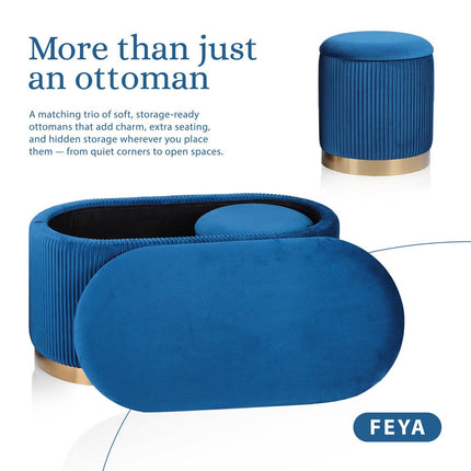 3 Piece Set Storage Ottoman - Blanket Box Velvet Padded Bench Stool FAYE BLUE.