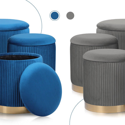 3 Piece Set Storage Ottoman - Blanket Box Velvet Padded Bench Stool FAYE BLUE.
