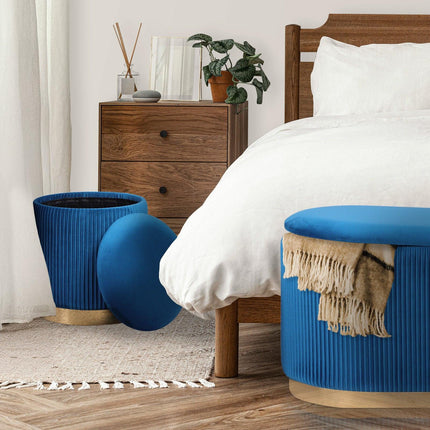 3 Piece Set Storage Ottoman - Blanket Box Velvet Padded Bench Stool FAYE BLUE.