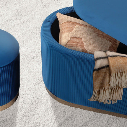 3 Piece Set Storage Ottoman - Blanket Box Velvet Padded Bench Stool FAYE BLUE.
