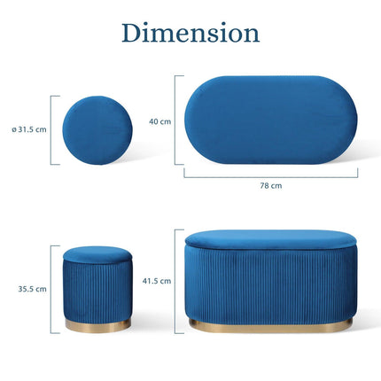3 Piece Set Storage Ottoman - Blanket Box Velvet Padded Bench Stool FAYE BLUE.
