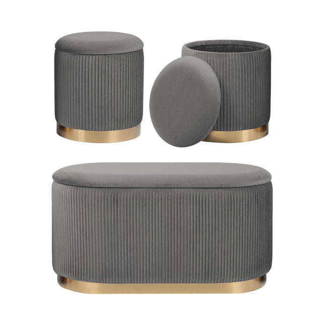 3 Piece Set Storage Ottoman - Blanket Box Velvet Padded Bench Stool FAYE GREY.