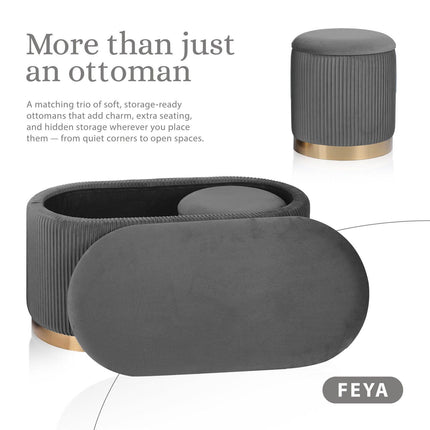 3 Piece Set Storage Ottoman - Blanket Box Velvet Padded Bench Stool FAYE GREY.