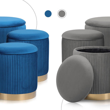3 Piece Set Storage Ottoman - Blanket Box Velvet Padded Bench Stool FAYE GREY.
