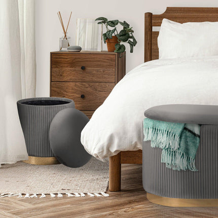 3 Piece Set Storage Ottoman - Blanket Box Velvet Padded Bench Stool FAYE GREY.