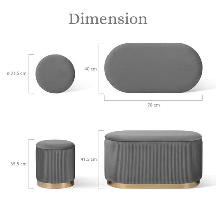 3 Piece Set Storage Ottoman - Blanket Box Velvet Padded Bench Stool FAYE GREY.