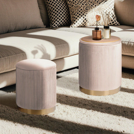 2X Side Table Storage Ottoman - Velvet Stool MIRA Cream.