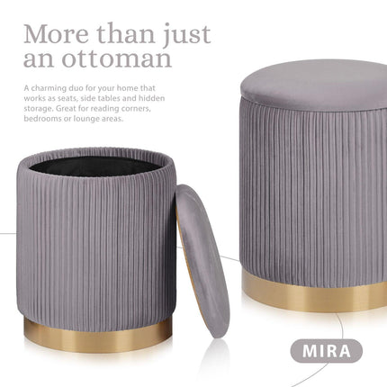 2X Side Table Storage Ottoman - Velvet Stool MIRA Grey.