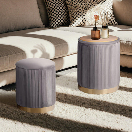 2X Side Table Storage Ottoman - Velvet Stool MIRA Grey.