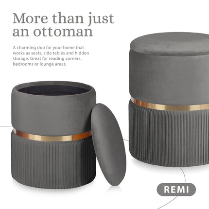 2X Side Table Storage Ottoman - Velvet Padded Stool Vanity Footstool REMI GREY.