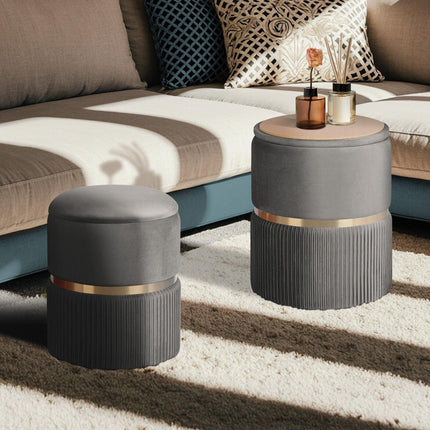 2X Side Table Storage Ottoman - Velvet Padded Stool Vanity Footstool REMI GREY.