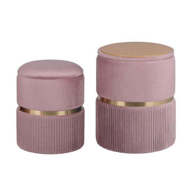 2X Side Table Storage Ottoman - Velvet Padded Stool Vanity Footstool REMI Pink.