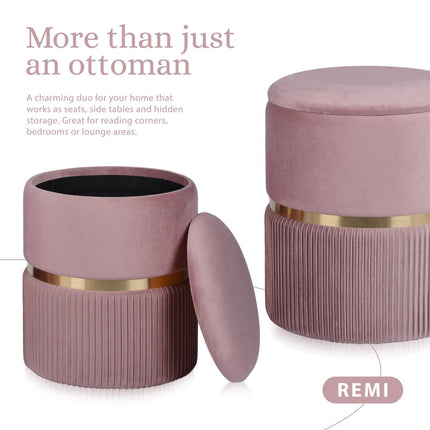 2X Side Table Storage Ottoman - Velvet Padded Stool Vanity Footstool REMI Pink.
