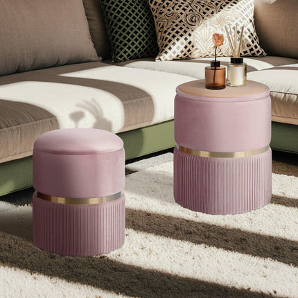 2X Side Table Storage Ottoman - Velvet Padded Stool Vanity Footstool REMI Pink.
