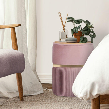 2X Side Table Storage Ottoman - Velvet Padded Stool Vanity Footstool REMI Pink.