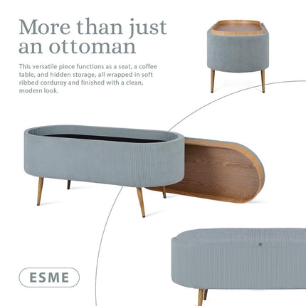 Coffee Table Storage Ottoman - Corduroy Padded Blanket Box Bench ESME - DUSTY BLUE.