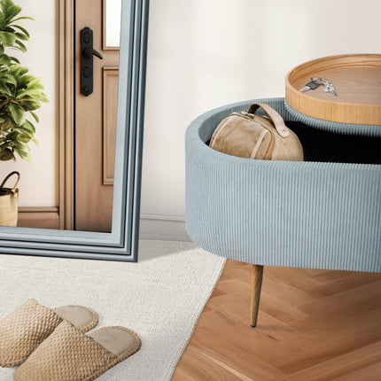 Coffee Table Storage Ottoman - Corduroy Padded Blanket Box Bench ESME - DUSTY BLUE.