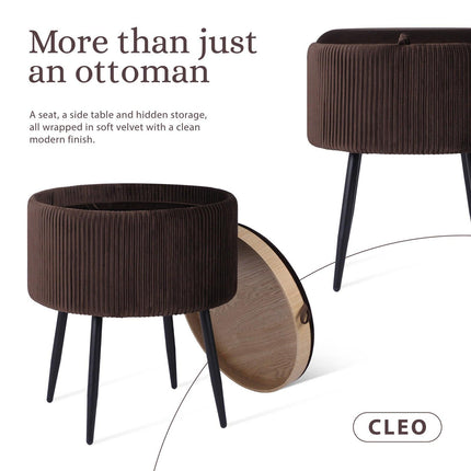 Side Table Storage Ottoman - Velvet Padded Stool Vanity Footstool CLEO BROWN.