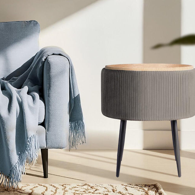 Side Table Storage Ottoman - Velvet Padded Stool Vanity Footstool CLEO GREY.