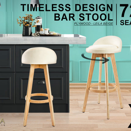 4X Wooden Bar Stool Dining Chair Fabric LEILA 72cm BEIGE.