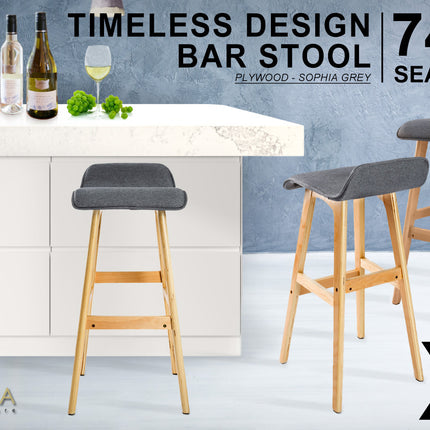 2X Wooden Bar Stool Dining Chair Fabric SOPHIA 74cm GREY.
