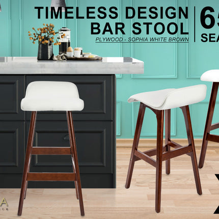4X Wooden Bar Stool Dining Chair Leather SOPHIA 65cm WHITE BROWN.