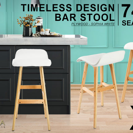 2X Wooden Bar Stool Dining Chair Leather SOPHIA 74cm WHITE.