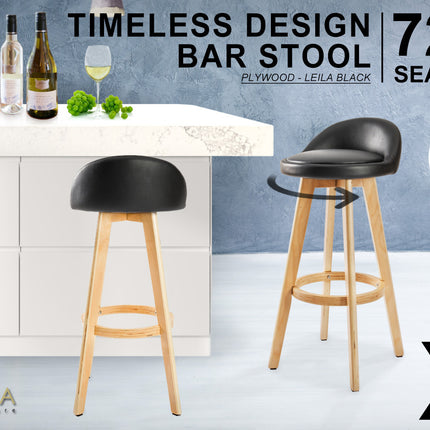 2X Wooden Bar Stool Dining Chair Leather LEILA 72cm BLACK.