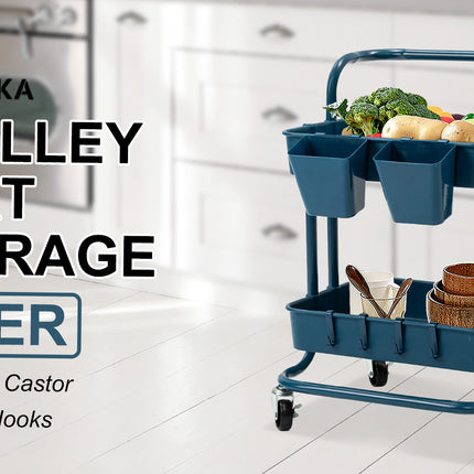Trolley Cart Storage Utility Rack Shelf Organiser Swivel Kitchen 2 Tier BLUE.