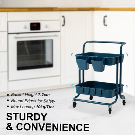 Trolley Cart Storage Utility Rack Shelf Organiser Swivel Kitchen 2 Tier BLUE.