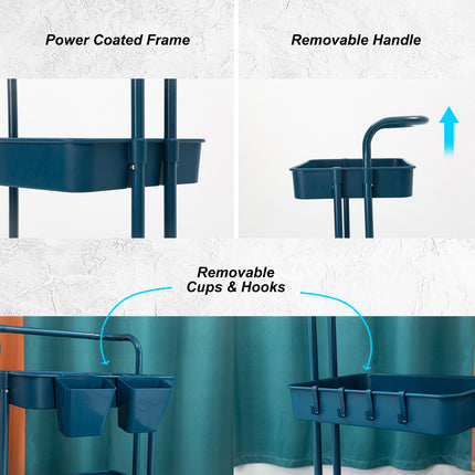 Trolley Cart Storage Utility Rack Shelf Organiser Swivel Kitchen 2 Tier BLUE.