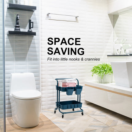 Trolley Cart Storage Utility Rack Shelf Organiser Swivel Kitchen 2 Tier BLUE.