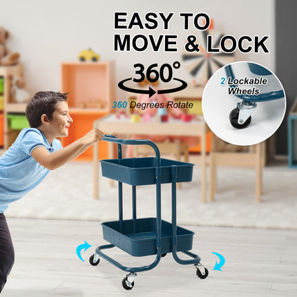 Trolley Cart Storage Utility Rack Shelf Organiser Swivel Kitchen 2 Tier BLUE.