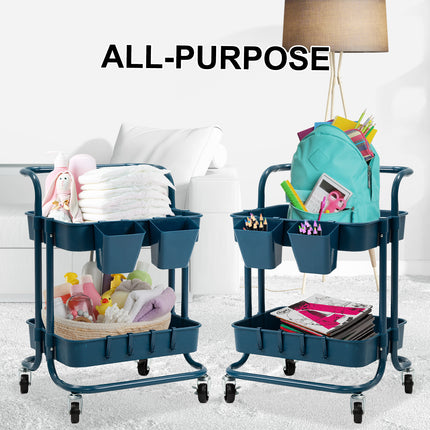 Trolley Cart Storage Utility Rack Shelf Organiser Swivel Kitchen 2 Tier BLUE.