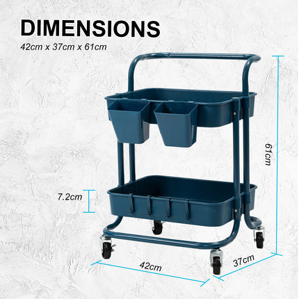 Trolley Cart Storage Utility Rack Shelf Organiser Swivel Kitchen 2 Tier BLUE.