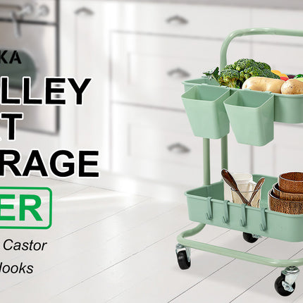 Trolley Cart Storage Utility Rack Shelf Organiser Swivel Kitchen 2 Tier GREEN.