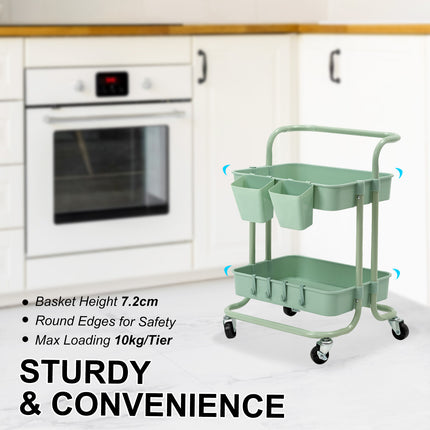 Trolley Cart Storage Utility Rack Shelf Organiser Swivel Kitchen 2 Tier GREEN.