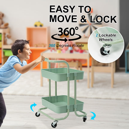 Trolley Cart Storage Utility Rack Shelf Organiser Swivel Kitchen 2 Tier GREEN.