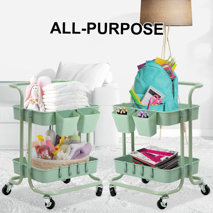 Trolley Cart Storage Utility Rack Shelf Organiser Swivel Kitchen 2 Tier GREEN.