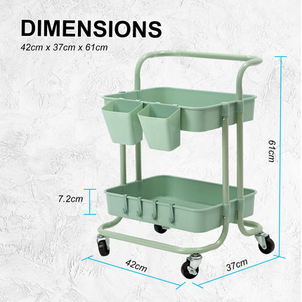 Trolley Cart Storage Utility Rack Shelf Organiser Swivel Kitchen 2 Tier GREEN.