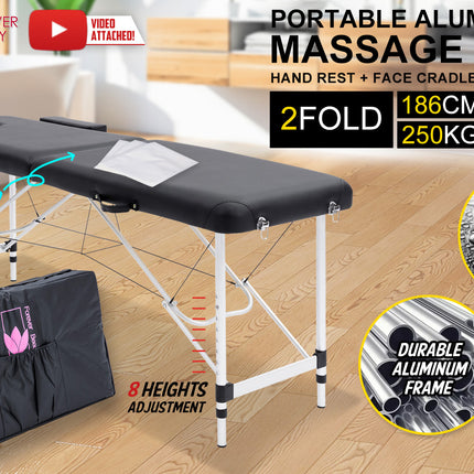 Aluminium Portable Beauty Massage Table Bed 2 Fold 55cm Black.