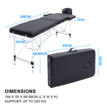 Aluminium Portable Beauty Massage Table Bed 2 Fold 55cm Black.