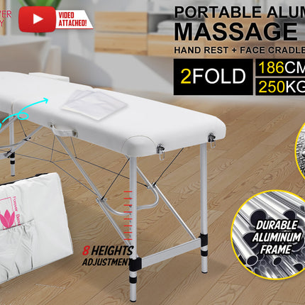 Aluminium Portable Beauty Massage Table Bed 2 Fold 55cm White.