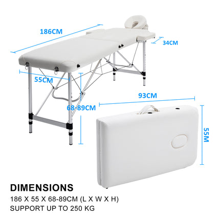 Aluminium Portable Beauty Massage Table Bed 2 Fold 55cm White.