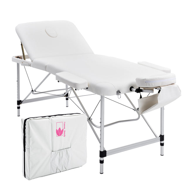 Aluminium Portable Beauty Massage Table Bed 3 Fold 70cm White.